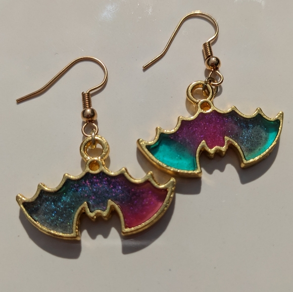 Rainbow Bats Earrings Gold Resin Galaxy Handmade Halloween - Picture 5 of 15